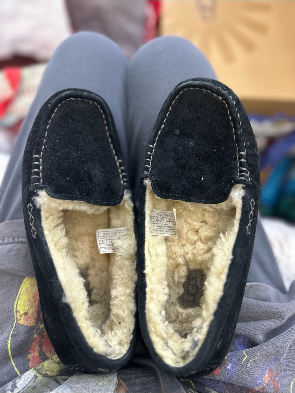 UGG black Suede Shearling-Lined Moccasin Slippers